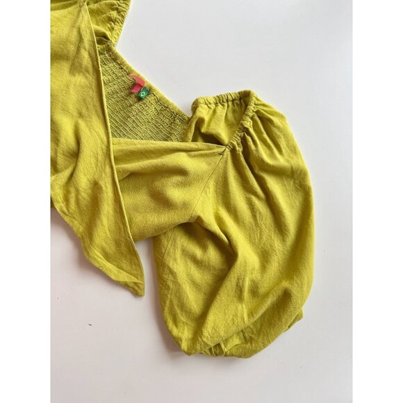 FARM RIO Chartreuse Green Linen Front Tie Puff Sleeve Crop Top Blouse, Size PP - Picture 9 of 15